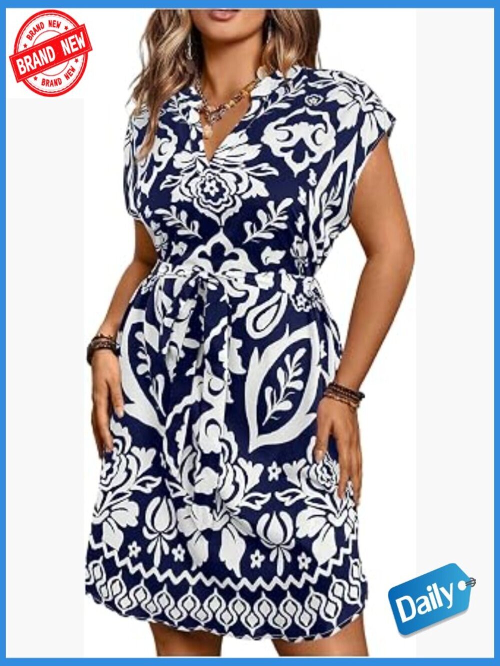 Tropical Print Dress Notch Neck Cap Sleeve Boho Plus Size